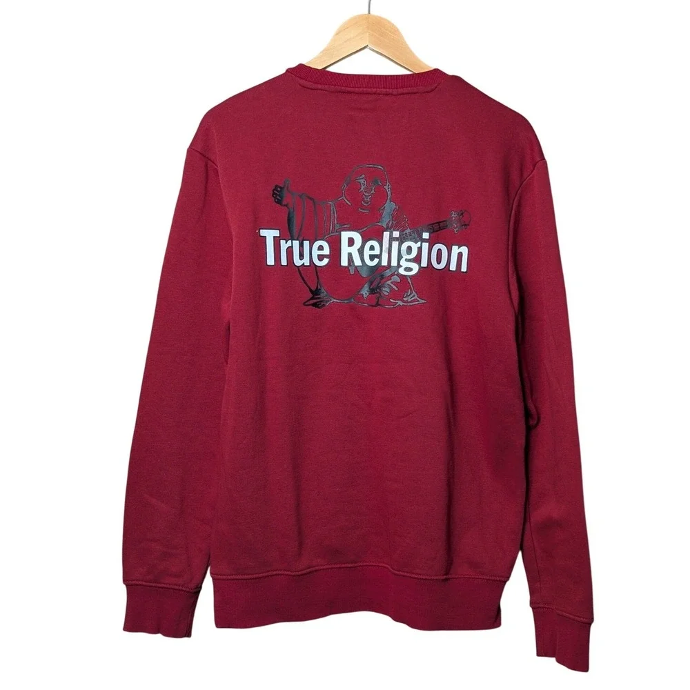 True Religion Sweatshirt Men Medium Red Buddha Logo Streetwear Graphic Crewneck
